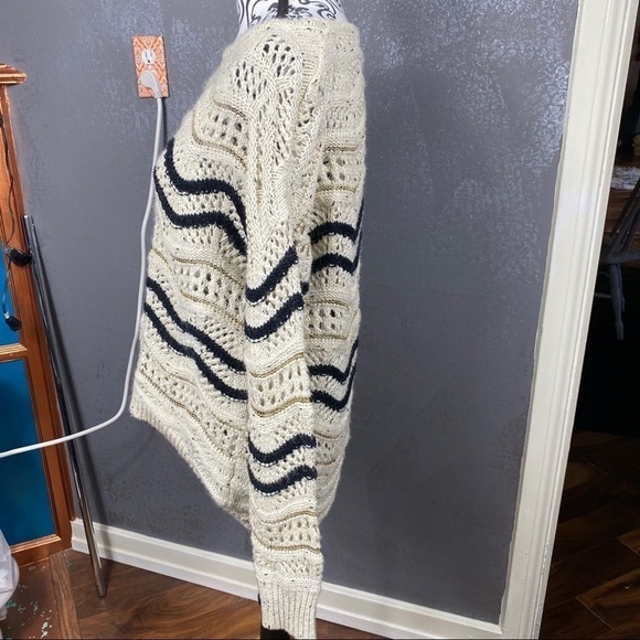 Chunky knit tan, black and metallic gold sweater. Retro striped. Long sleeve - Picture 7 of 12